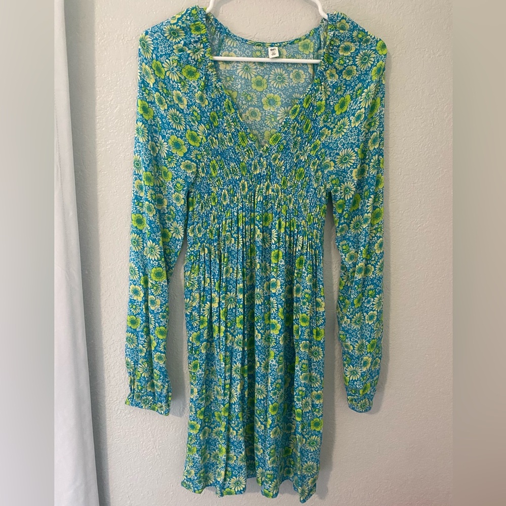 Floral Blue and Green Long Sleeve Dress